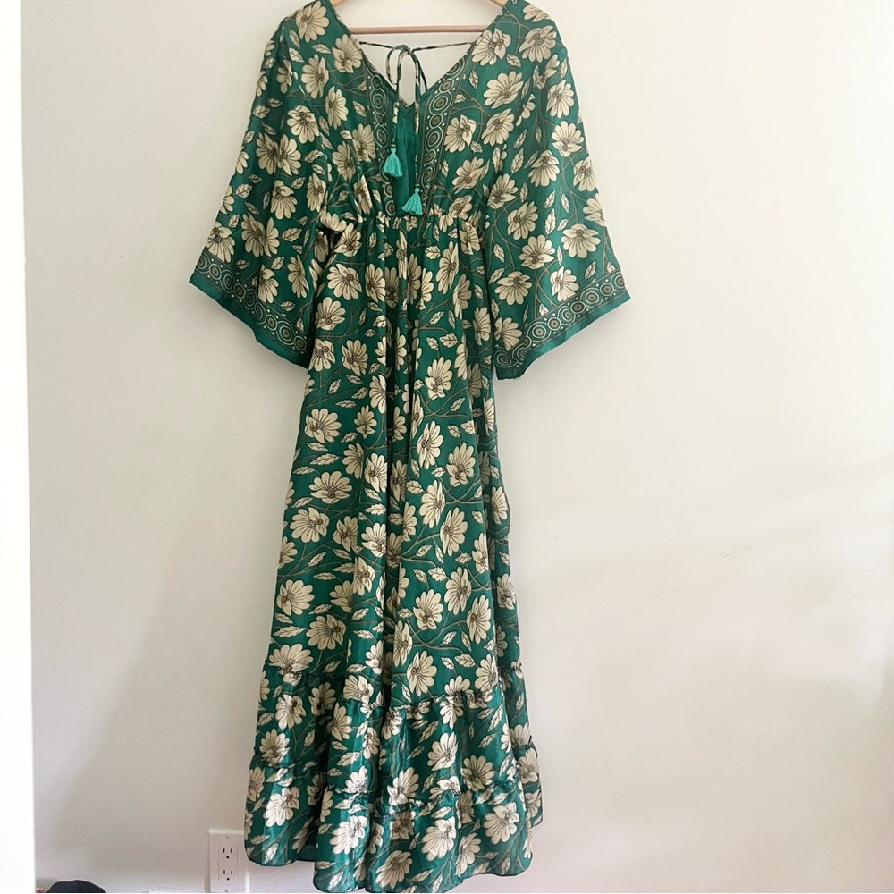 MT Collection Silk Blend Boho Maxi Dress w Wide Sleeves Green Floral One Size